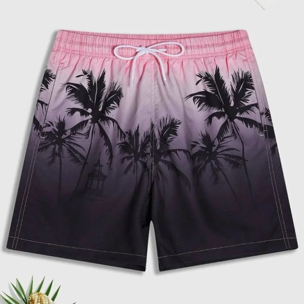 Black & Pink Vacation Style Men's Coconut Tree Print Swim Trunks